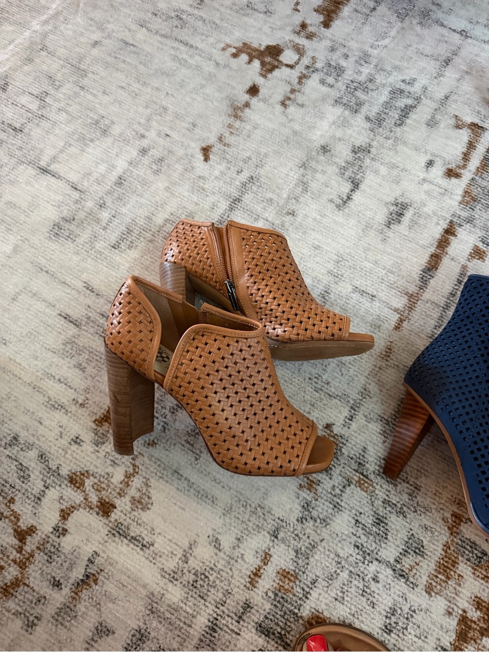 Vince Camuto Tan Woven Peep-Toe Block Heel Booties